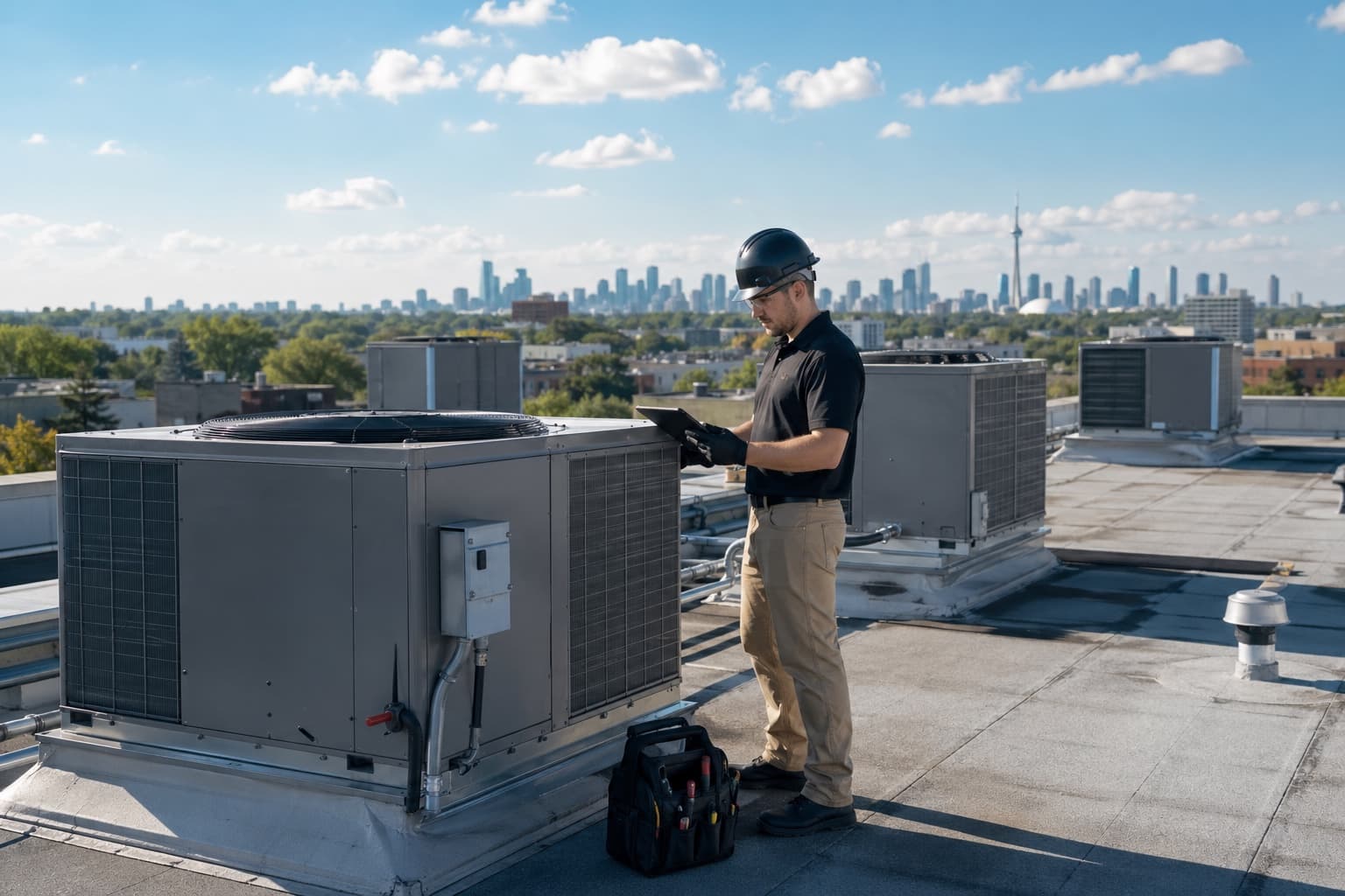Person with a tablet beside rooftop HVAC equipment