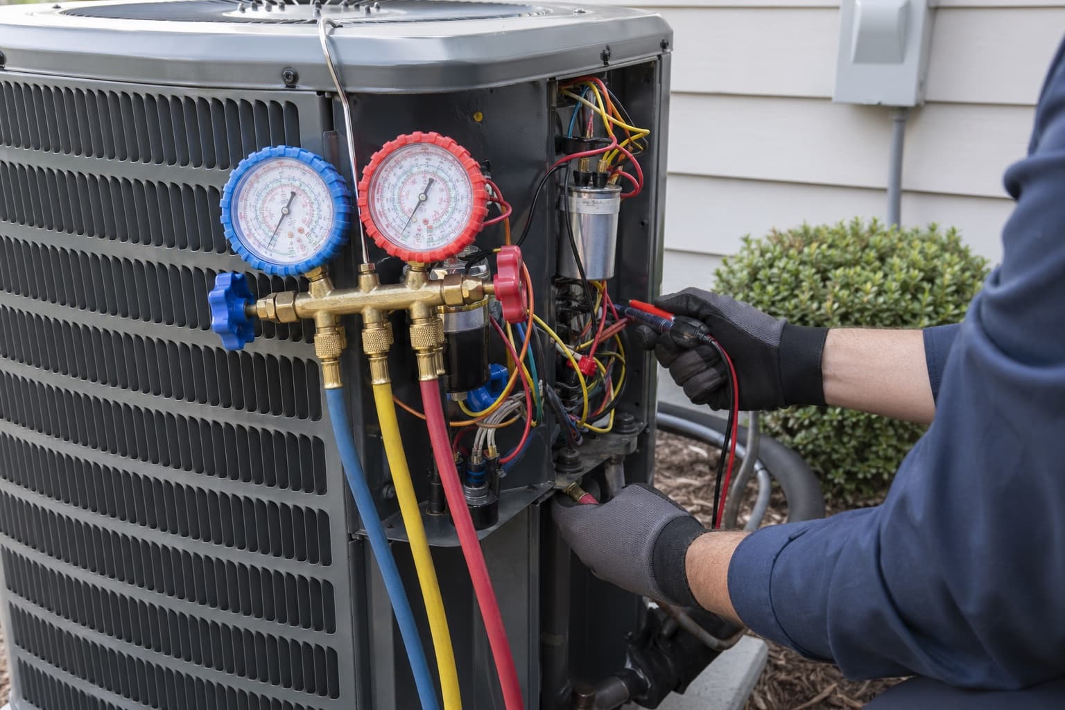 Pressure gauges and tools connected to an outdoor air conditioner