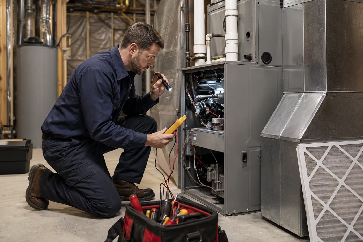 Person examining an open furnace cabinet with a flashlight and meter