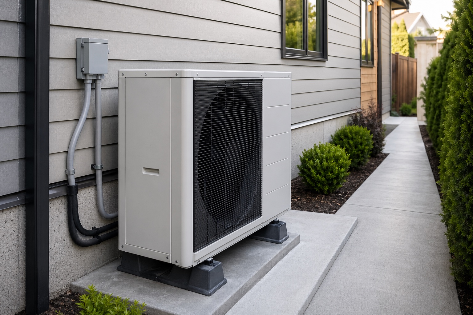 Modern heat pump installed outside a residential home